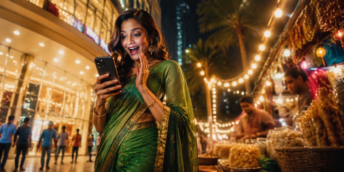 Mobile user placing lottery bets in India with traditional attire